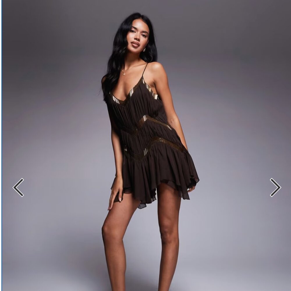 ASOS DESIGN slouchy embellished panels mini dress with uneven hem in chocolate